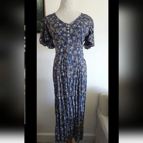 #81 Vintage All That Jazz Women's 90s Retro Blue Floral Maxi Long Dress Size M - Picture 1 of 8